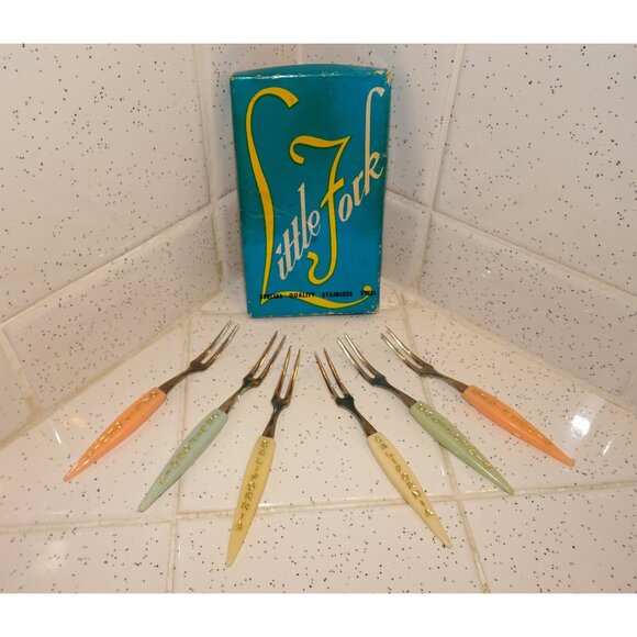 Vintage Little Fork 6 California Cocktail Appetizer Party Forks original box 50s - Picture 1 of 8